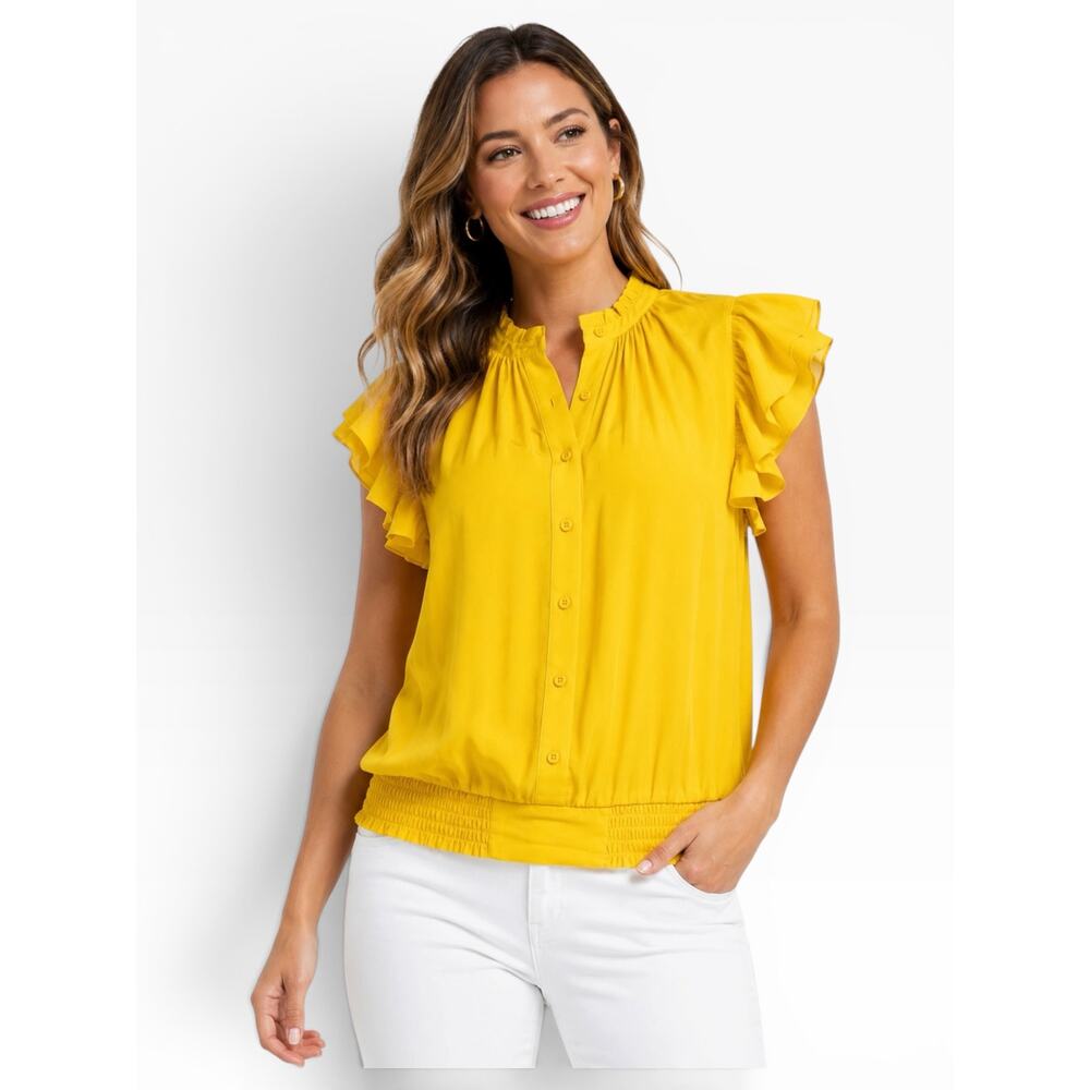 NWT NY & Co Ruffled Flutter Sleeve Blouse XL Yellow